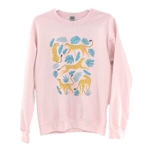 Gildan Pink Tropical Leaves Leopard Cheetah Fitted Sweatshirt Pullover Sz Small